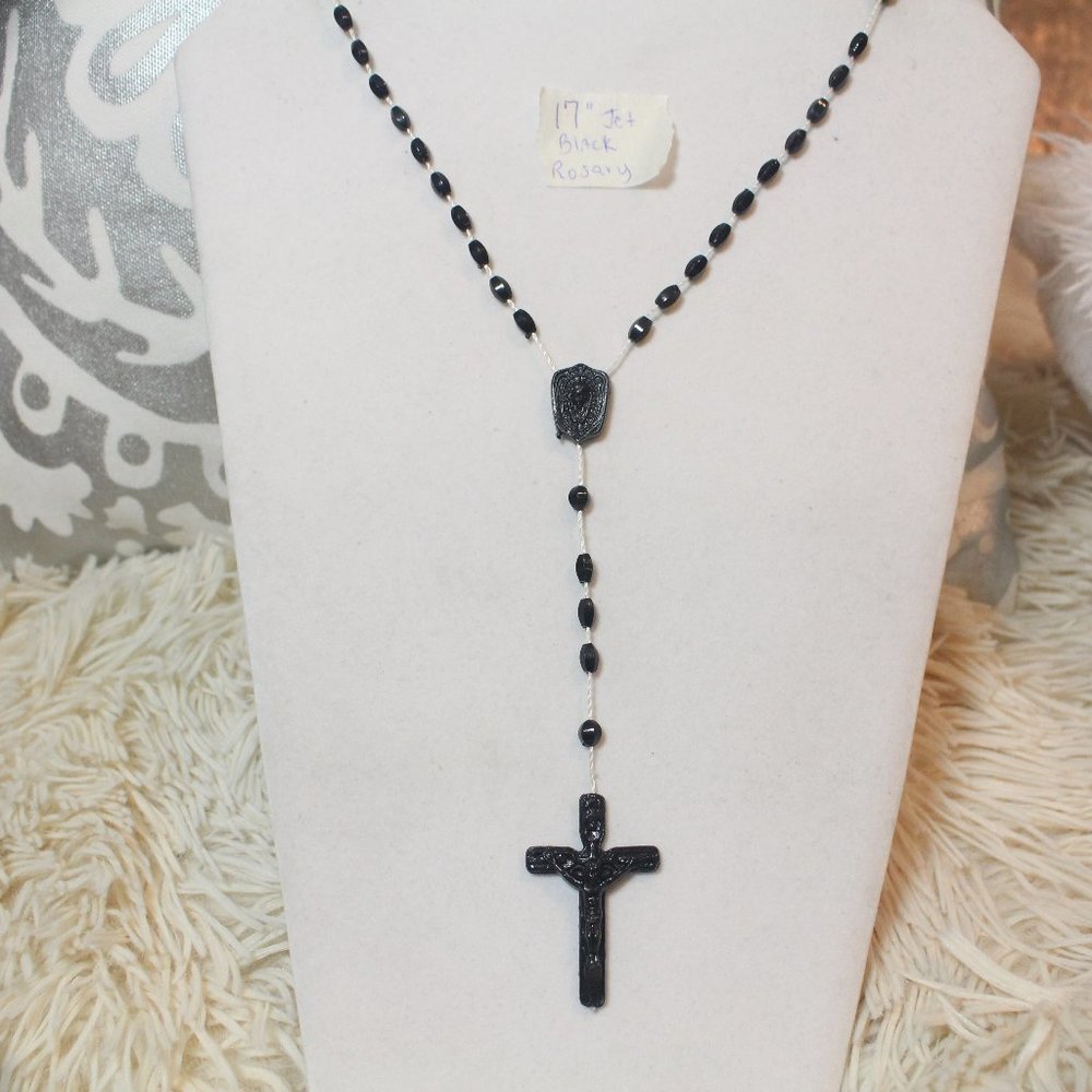 Jet Black 17" Long Catholic Praying Rosary Beads Holy Religious Gift  Plastic De